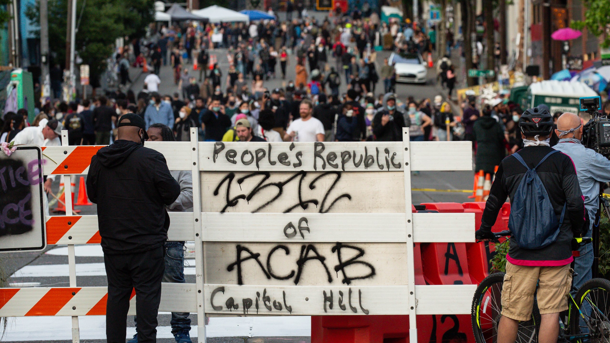 A barricade is seen at an entrance to the "Capitol Hill Autonomous Zone" in Seattle on June 10, 2020. (David Ryder / Getty Images)