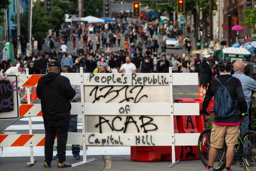 A barricade is seen at an entrance to the "Capitol Hill Autonomous Zone" in Seattle on June 10, 2020. (David Ryder / Getty Images)