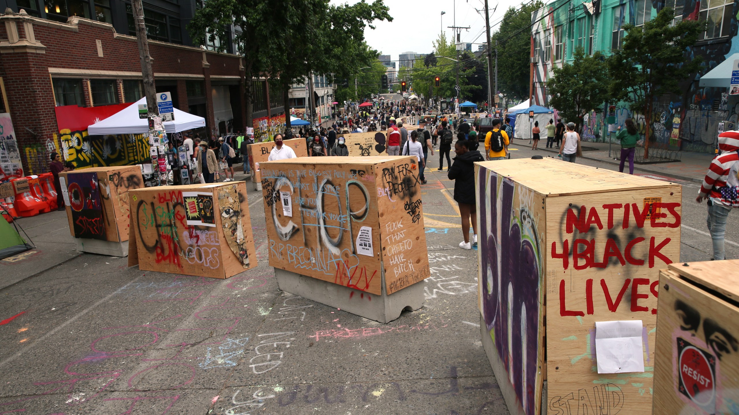 Barricades erected by the city several days ago divide up the CHOP zone on June 19, 2020, in Seattle, Washington. (Karen Ducey/Getty Images)