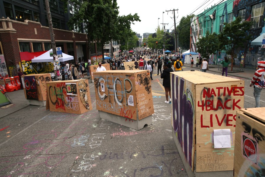 Barricades erected by the city several days ago divide up the CHOP zone on June 19, 2020, in Seattle, Washington. (Karen Ducey/Getty Images)