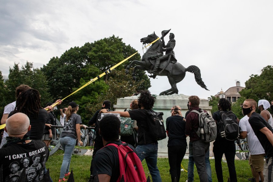 Protesters try to pull down the statue of Andrew Jackson in Lafayette Square near the White House on June 22, 2020 in Washington, D.C. (Tasos Katopodis/Getty Images)