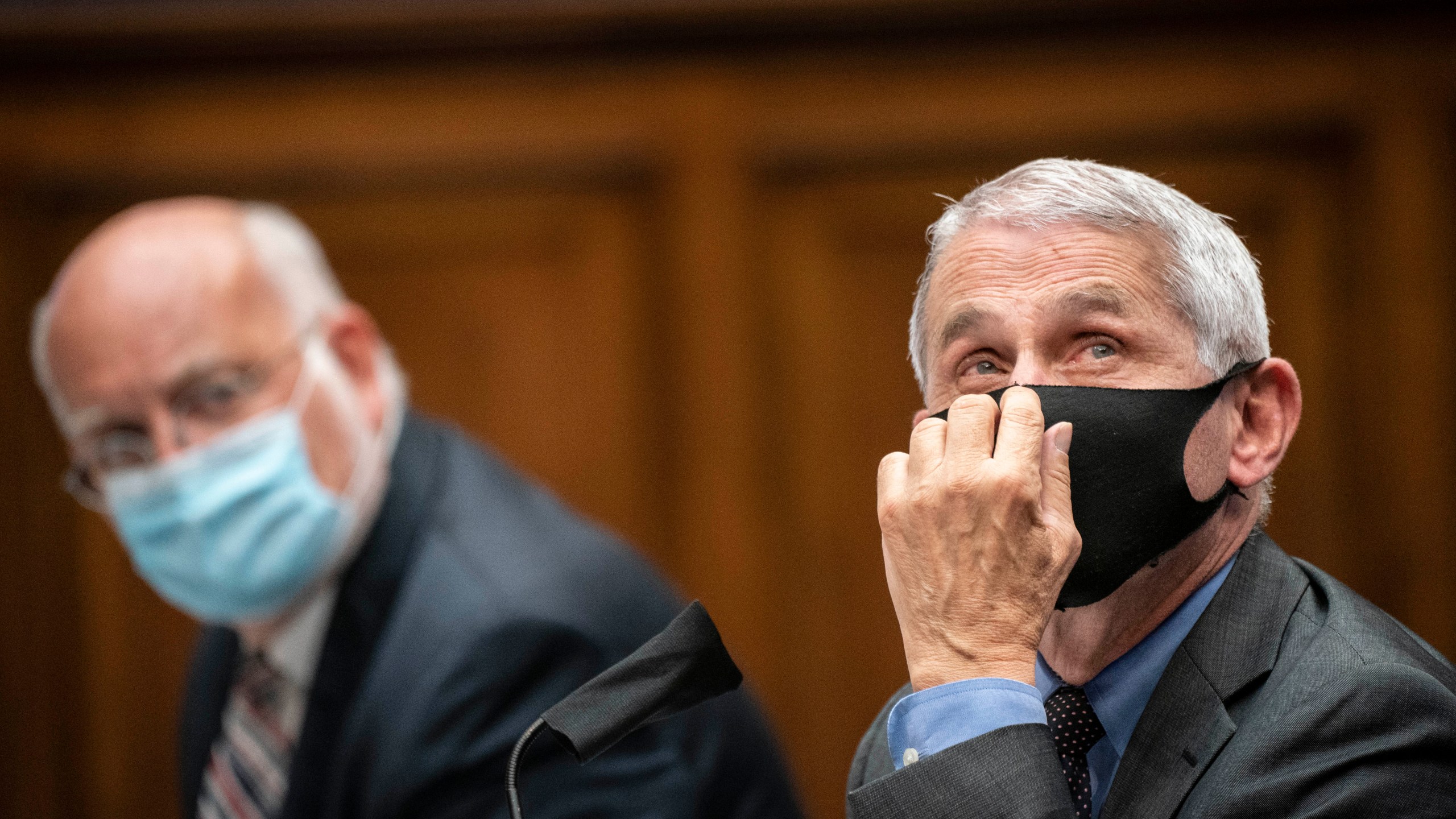 Robert Redfield, director of the Centers for Disease Control and Prevention (CDC), left, and Anthony Fauci, director of the National Institute of Allergy and Infectious Diseases, testify before the House Energy and Commerce Committee in Washington, DC, on June 23, 2020. (SARAH SILBIGER/POOL/AFP via Getty Images)