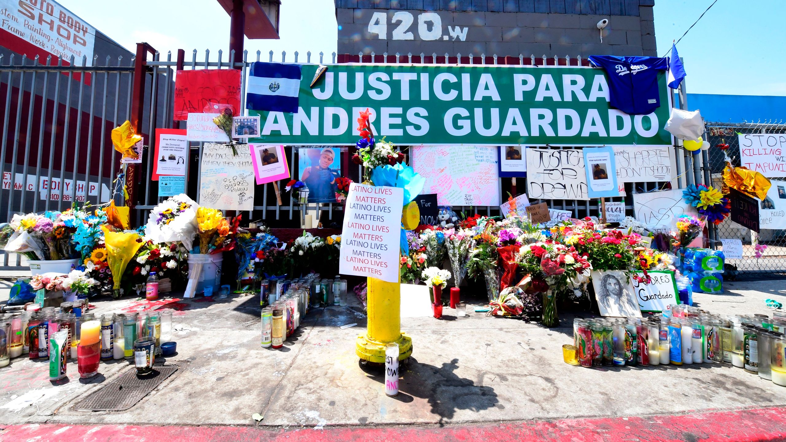 A makeshift memorial for Andres Guardado is seen on June 23, 2020 in Gardena, California near where he was fatally shot by an LA County sheriff's deputy on June 18 after he reportedly displayed a handgun. (FREDERIC J. BROWN/AFP via Getty Images)