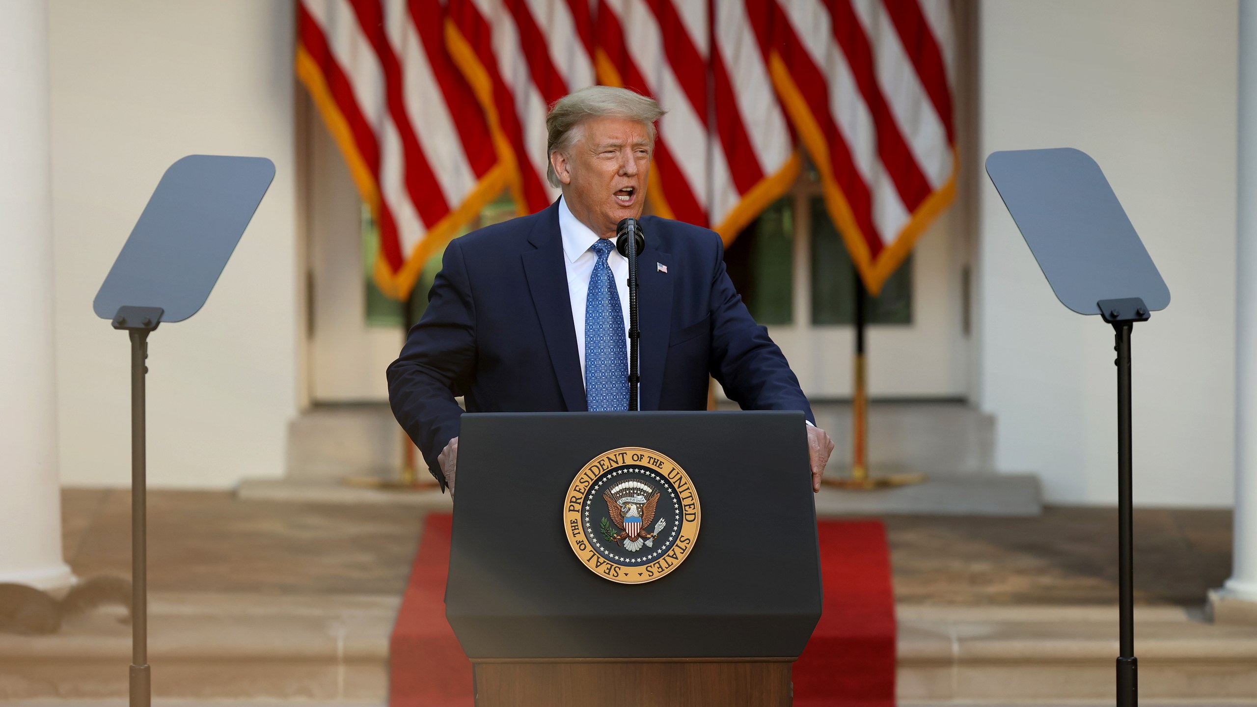 U.S. President Donald Trump makes a statement to the press in the Rose Garden about restoring "law and order" in the wake of protests at the White House June 1, 2020, in Washington, DC. (Chip Somodevilla/Getty Images)