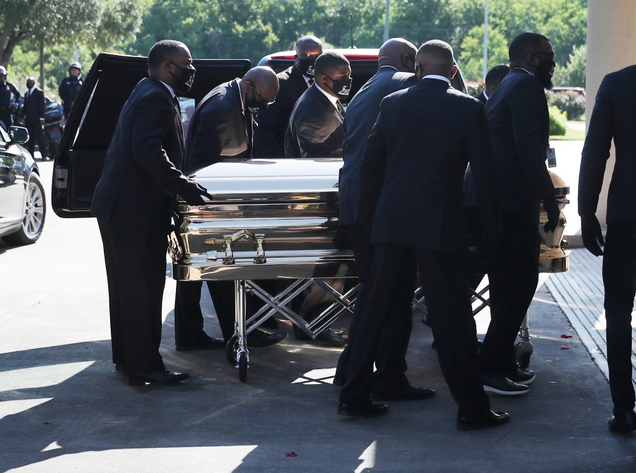 Pallbearers take the casket of George Floyd into the Fountain of Praise church for his memorial and funeral services on June 8, 2020 in Houston, Texas. (Joe Raedle/Getty Images)