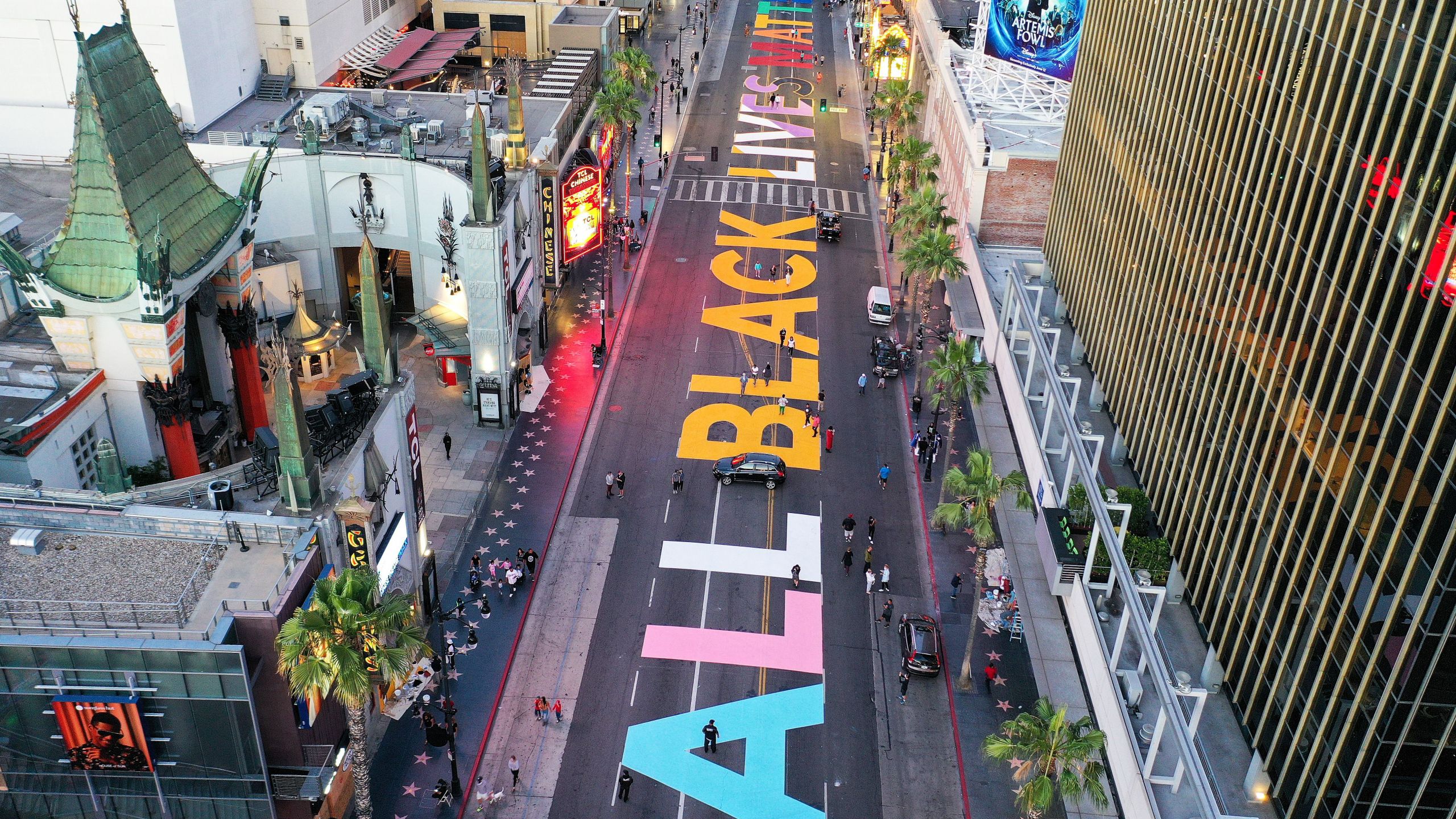 Hollywood Boulevard is painted with the words "All Black Lives Matter" near the famous TCL Chinese Theatre ahead of a protest the wake of George Floyd’s death on June 13, 2020. (Mario Tama/Getty Images)