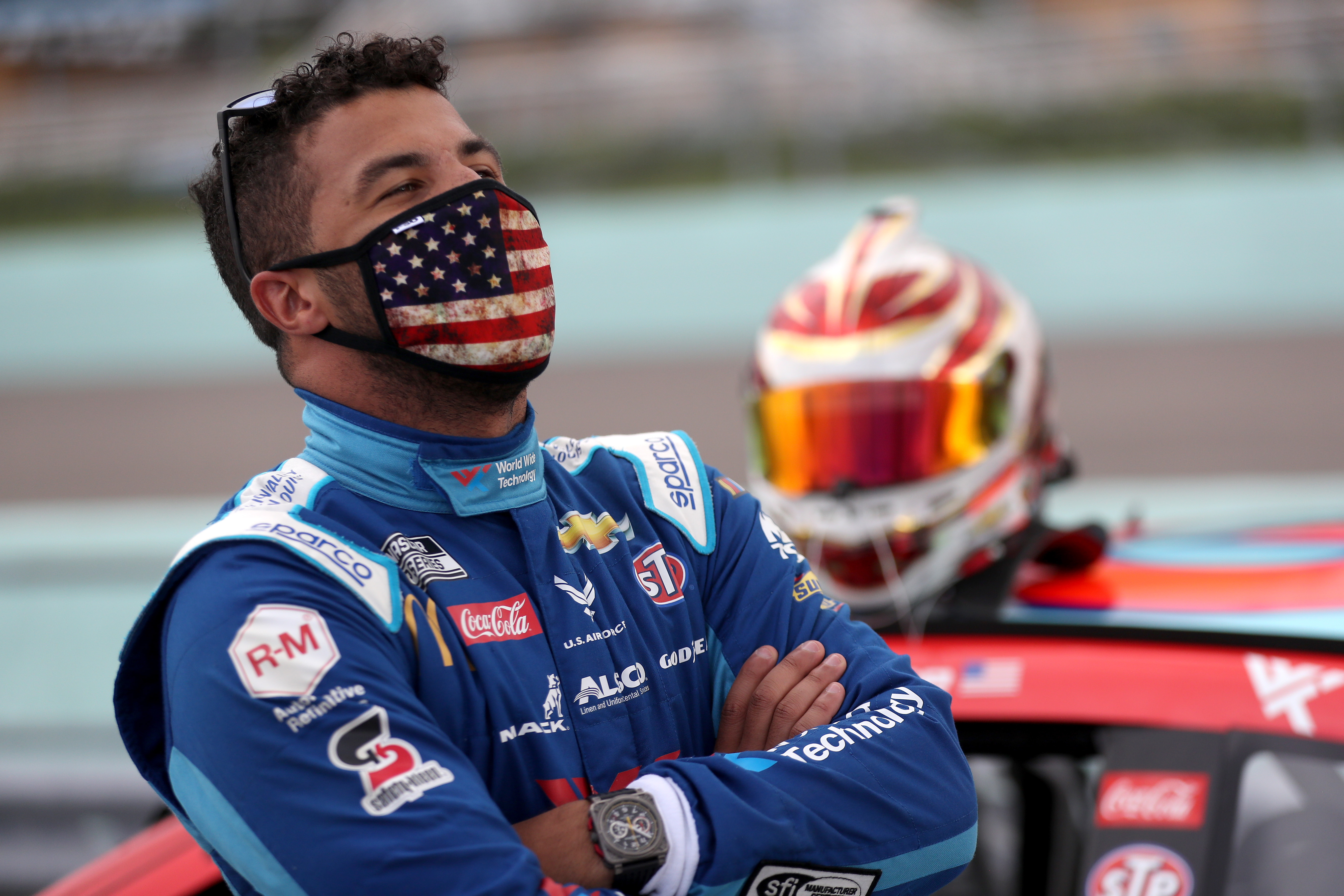 Bubba Wallace, driver of the #43 World Wide Technology Chevrolet, stands on the grid prior to the NASCAR Cup Series Dixie Vodka 400 at Homestead-Miami Speedway on June 14, 2020, in Homestead, Fla. (Chris Graythen/Getty Images)