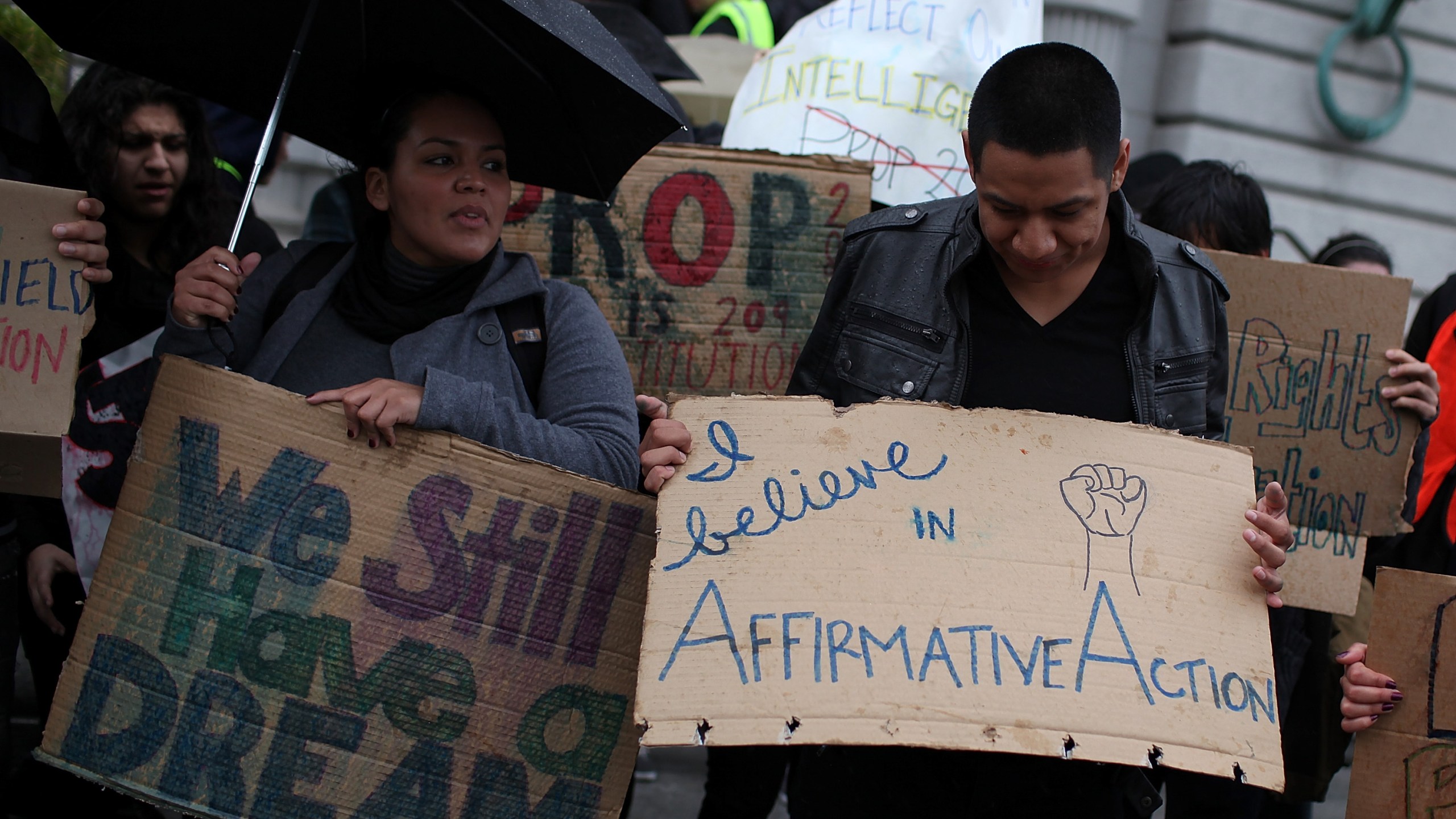 Students hoping for a repeal of California's Proposition 209 hold signs as they protest outside of the Ninth U.S. Circuit Court of Appeals on February 13, 2012, in San Francisco. (Justin Sullivan/Getty Images)