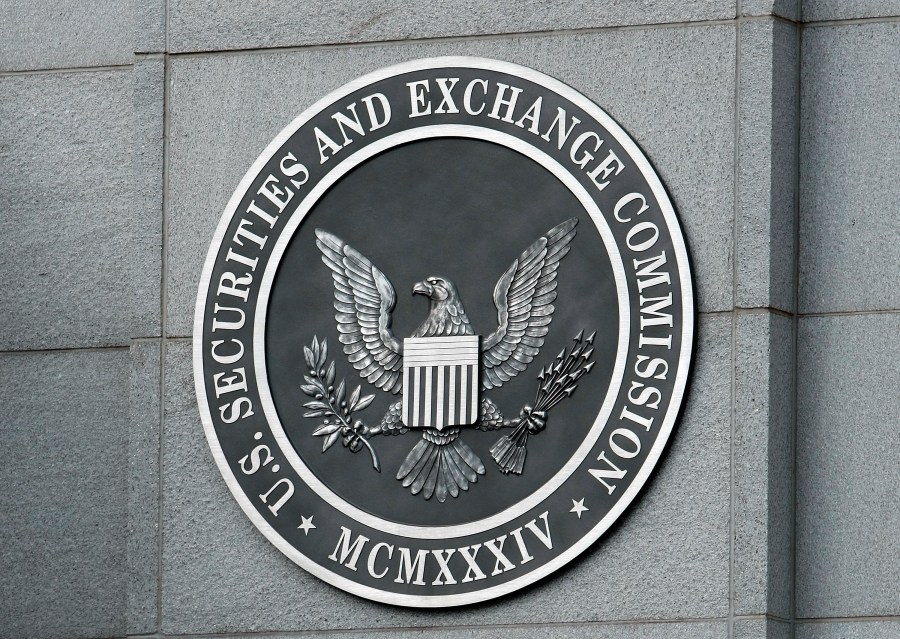 The U.S. Securities and Exchange Commission seal hangs on the facade of its building in Washington, D.C. in this file photo. (Chip Somodevilla/Getty Images)