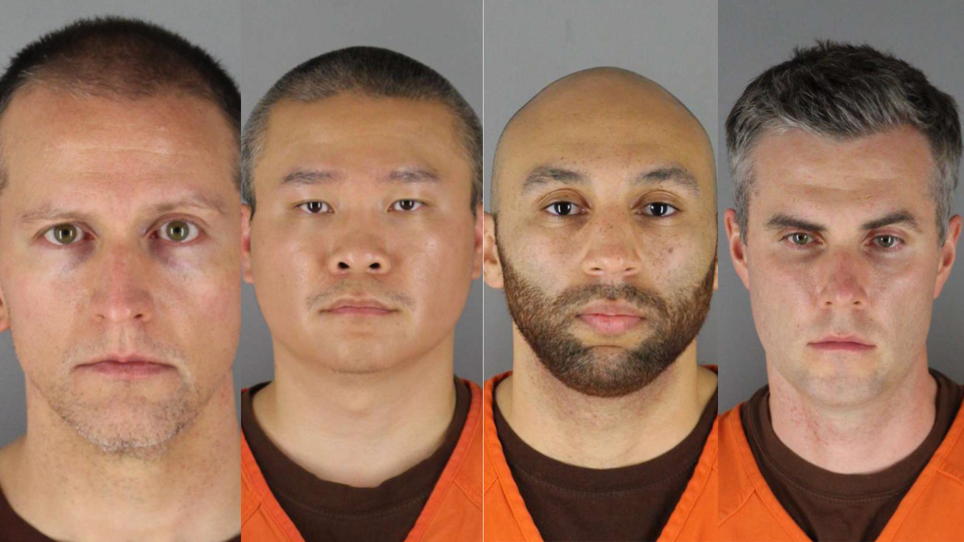 (From left to right) Derek Chauvin, Tou Thaou, J. Alexander Keung and Thomas Lane are seen in their booking images. (Hennepin County Sheriff's Office)