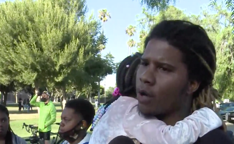 Korie Sellers speaks to KTLA on June 6, 2020, at Memorial Park in Santa Ana, where his family joined him for a "Black Lives Matter" march. (KTLA)