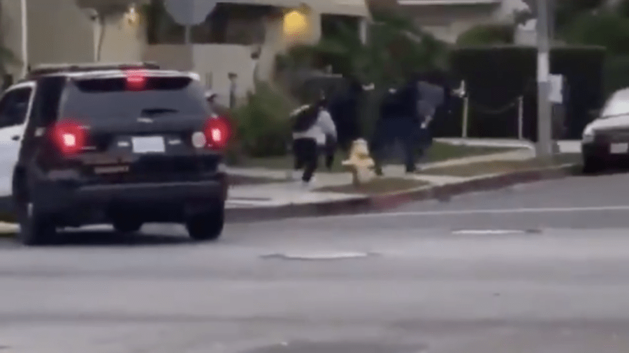 Deputies fire on demonstrators with what appears to be pepper balls in Hollywood in a video posted online on June 2, 2020.