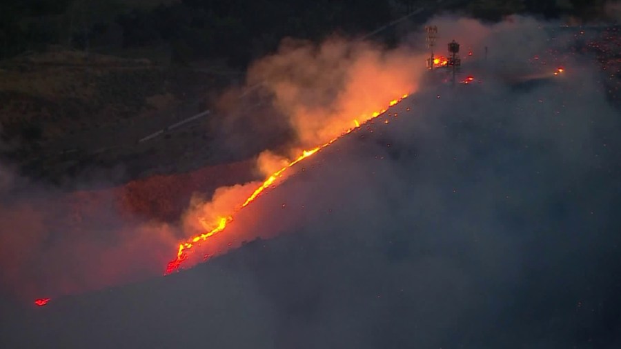 A brush fire burns in Castaic on June 8, 2020. (KTLA)