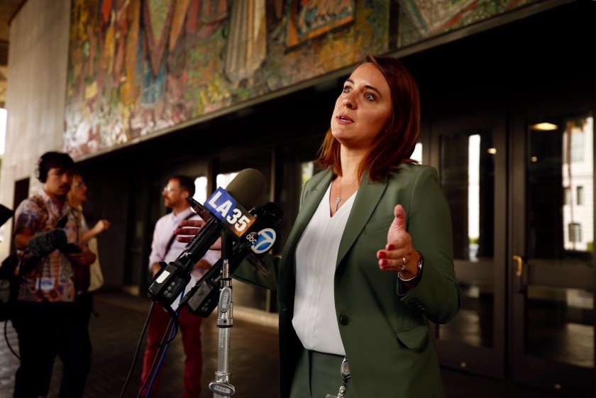 Heidi Marston, who heads the Los Angeles Homeless Services Authority, speaks to reporters in 2019.(Al Seib / Los Angeles Times)