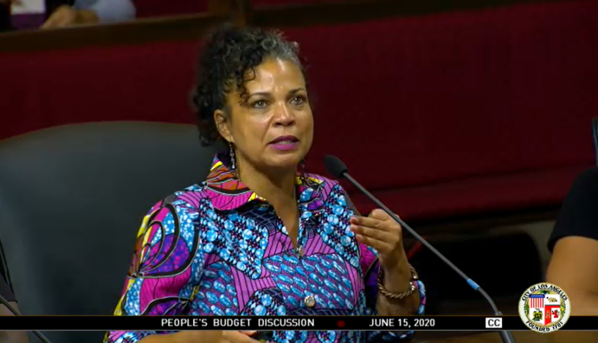 Melina Abdullah, a co-founder of Black Lives Matter Los Angeles, told L.A. City Council members Monday that there is widespread support for defunding the LAPD.(City of Los Angeles via L.A. Times)