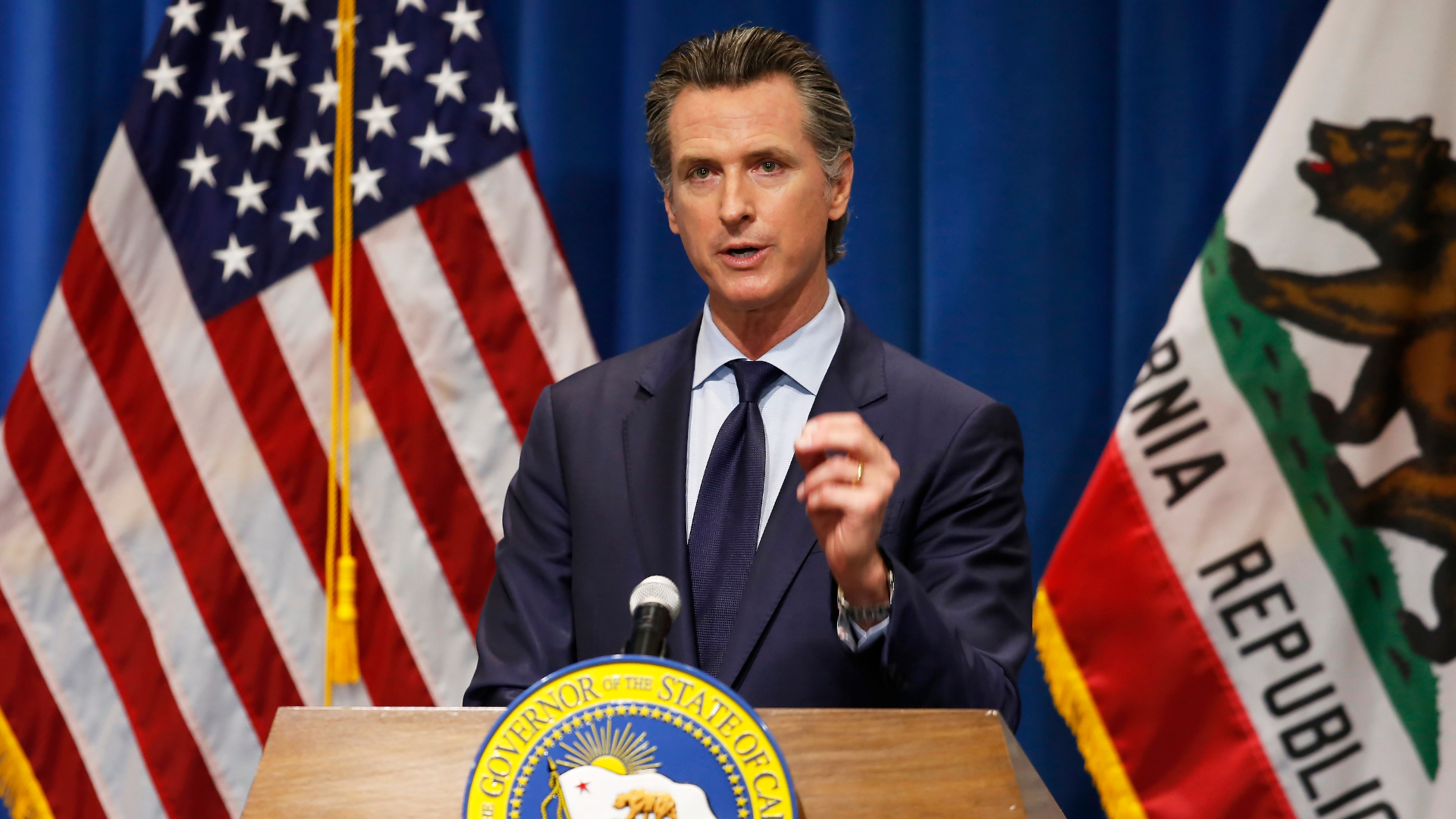 In this May 14, 2020, file photo California Gov. Gavin Newsom discusses his revised 2020-2021 state budget during a news conference in Sacramento. (Rich Pedroncelli / Associated Press)