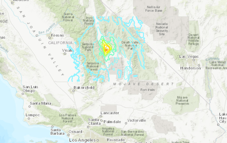 A USGS map shows the location of a magnitude 5.8 earthquake that struck southeast of Lone Pine in the southern Sierra Nevada on June 24, 2020.