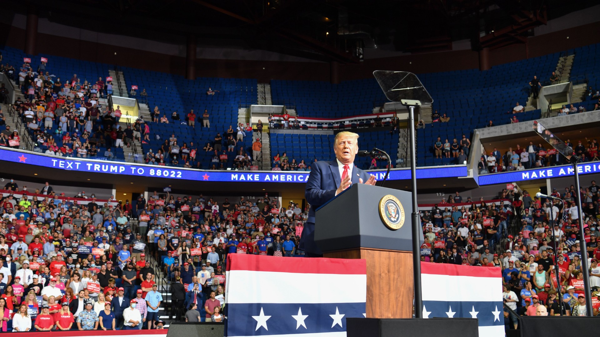 The upper section is seen partially empty as US President Donald Trump speaks during a campaign rally at the BOK Center on June 20, 2020 in Tulsa, Oklahoma. (NICHOLAS KAMM/AFP via Getty Images)