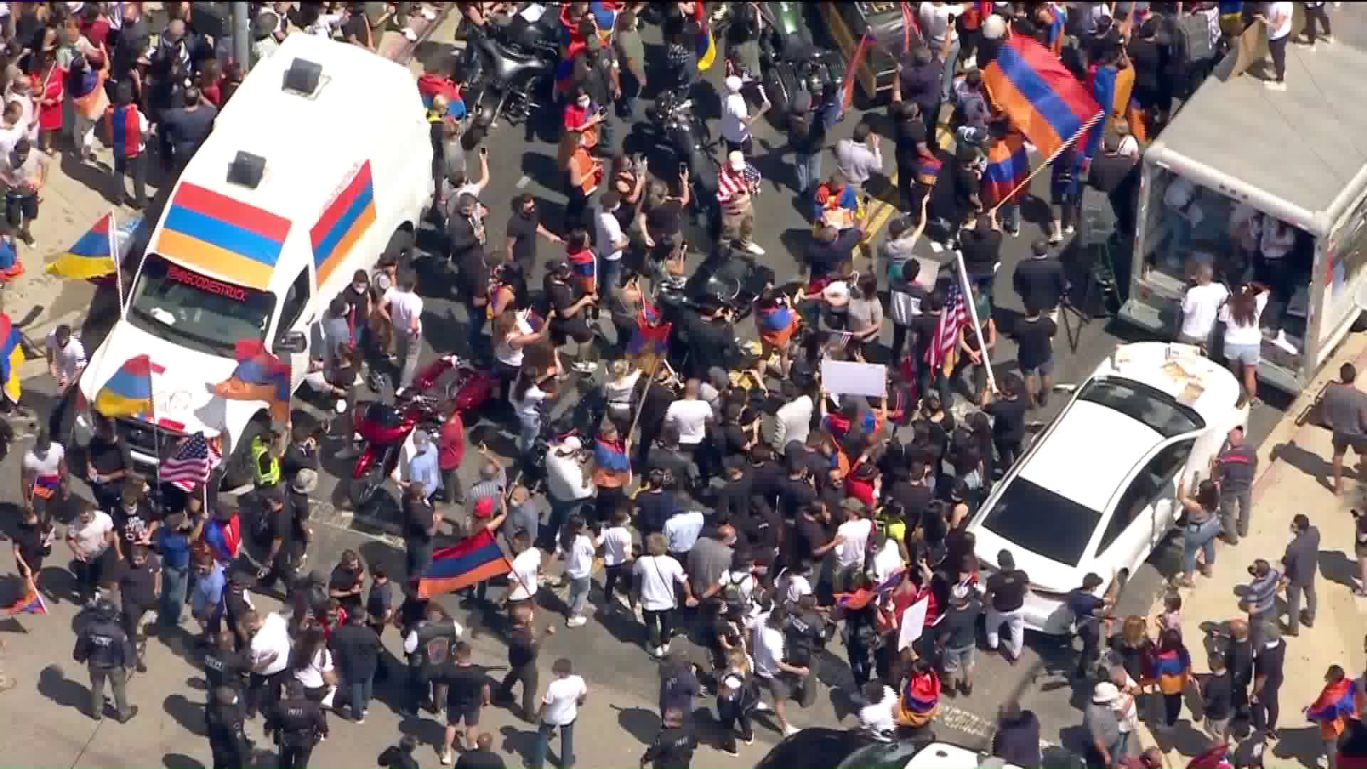 Demonstrators gather outside the Azerbaijani consulate in Los Angeles on July 21, 2020. (KTLA)