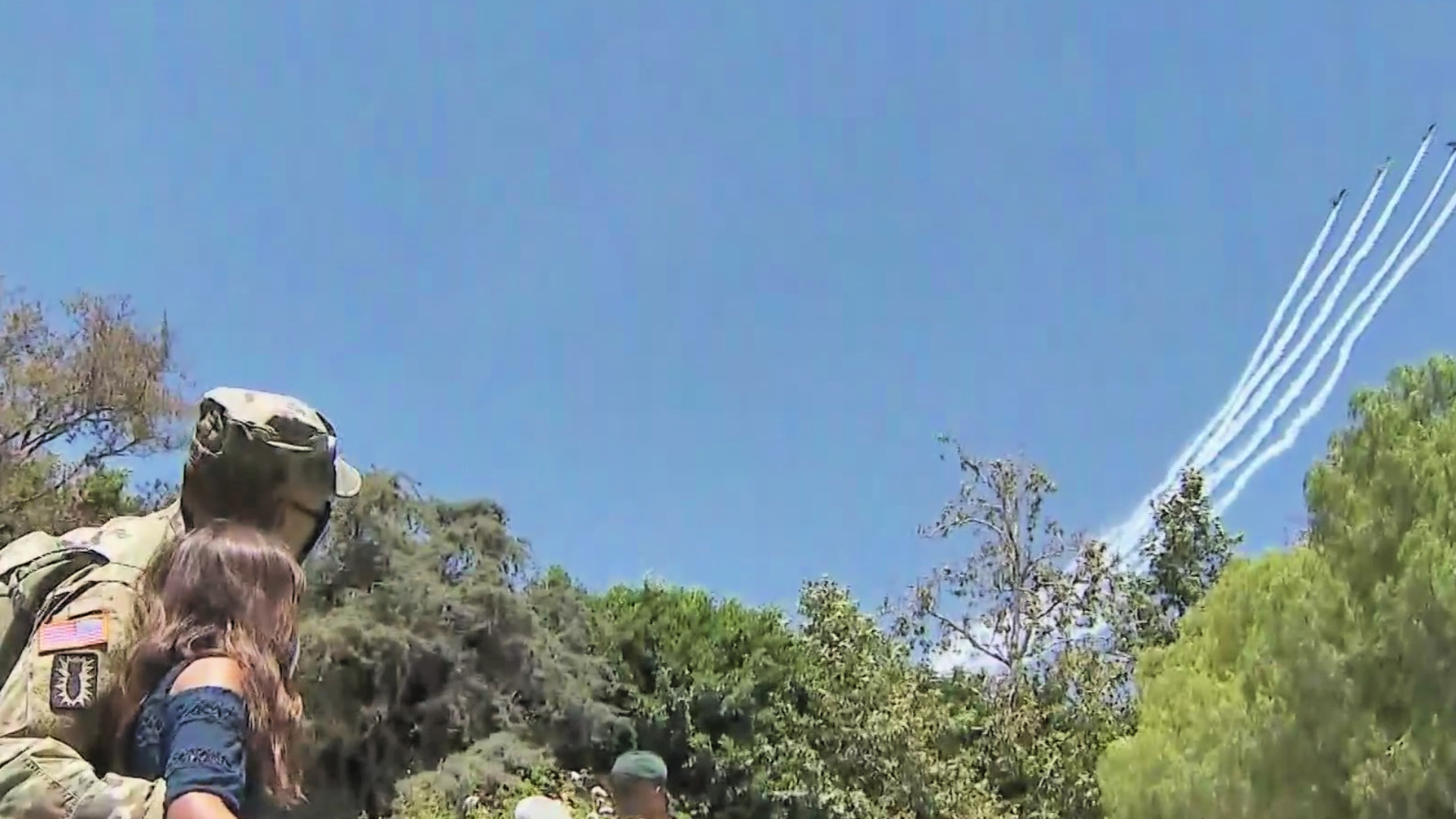 A Fourth of July flyover is seen from outside the Nixon Presidential Library in Yorba Linda on July 4, 2020. (KTLA)