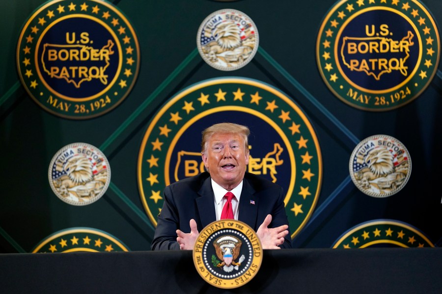 In this June 23, 2020 file photo, Donald Trump participates in a border security briefing at United States Border Patrol Yuma Station in Yuma, Ariz. (AP Photo/Evan Vucci, File)