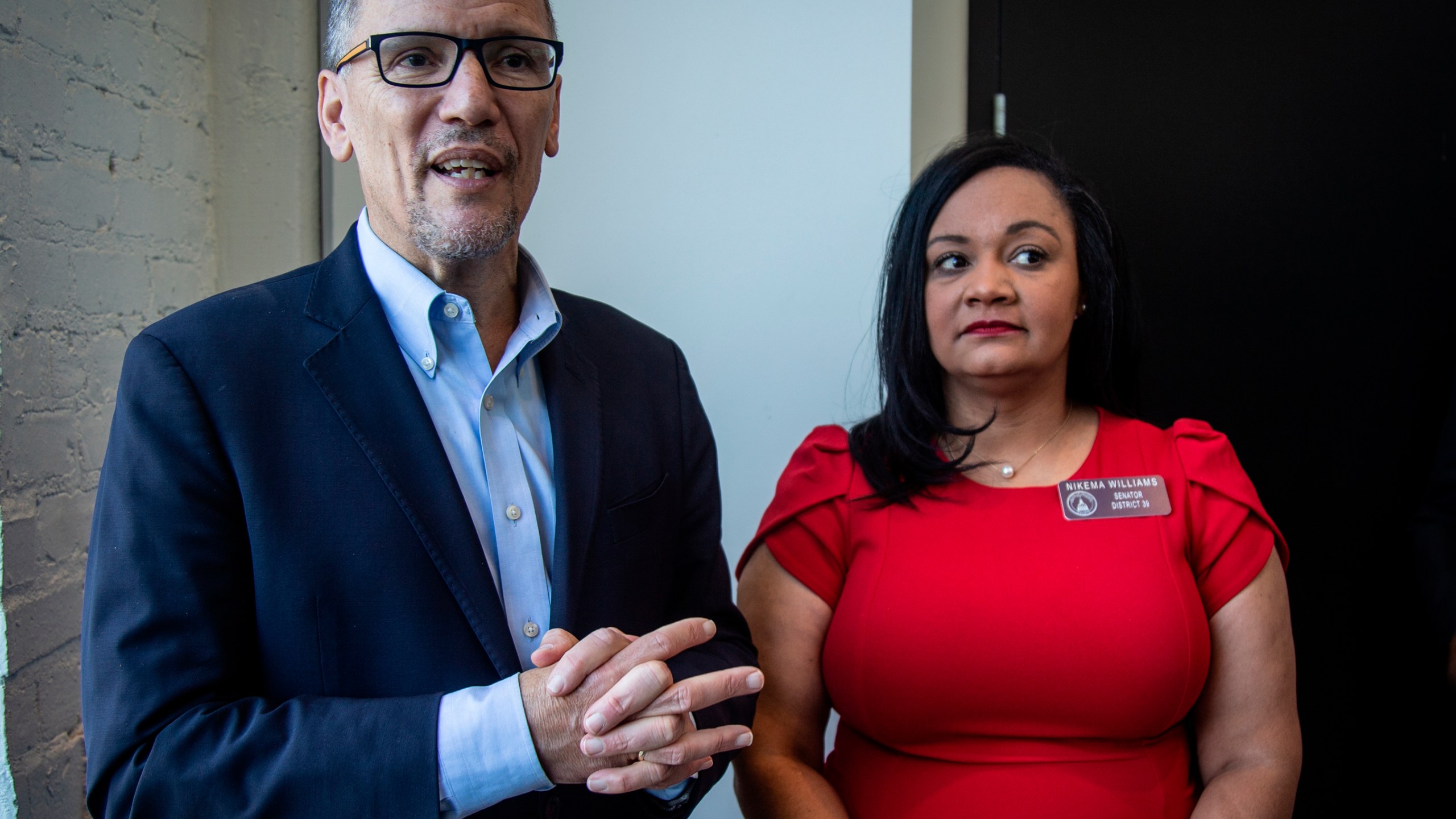 Tom Perez, left, chair of the Democratic National Committee, and Nikema Williams, chair of the Georgia Democratic Party, speak with reporters, in Atlanta on Nov. 20, 2019. (Ron Harris/Associated Press)