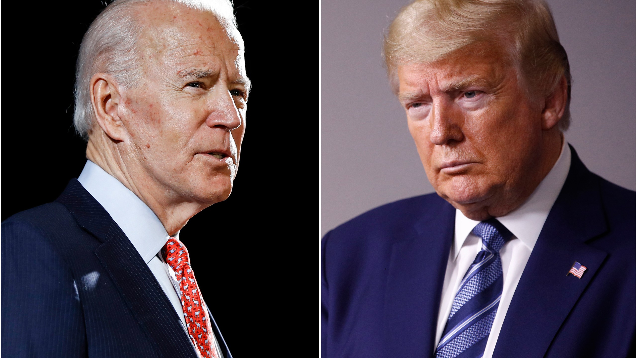 In this combination of file photos, former Vice President Joe Biden speaks in Wilmington, Del., on March 12, 2020, left, and President Donald Trump speaks at the White House in Washington on April 5, 2020. (AP Photo, File)