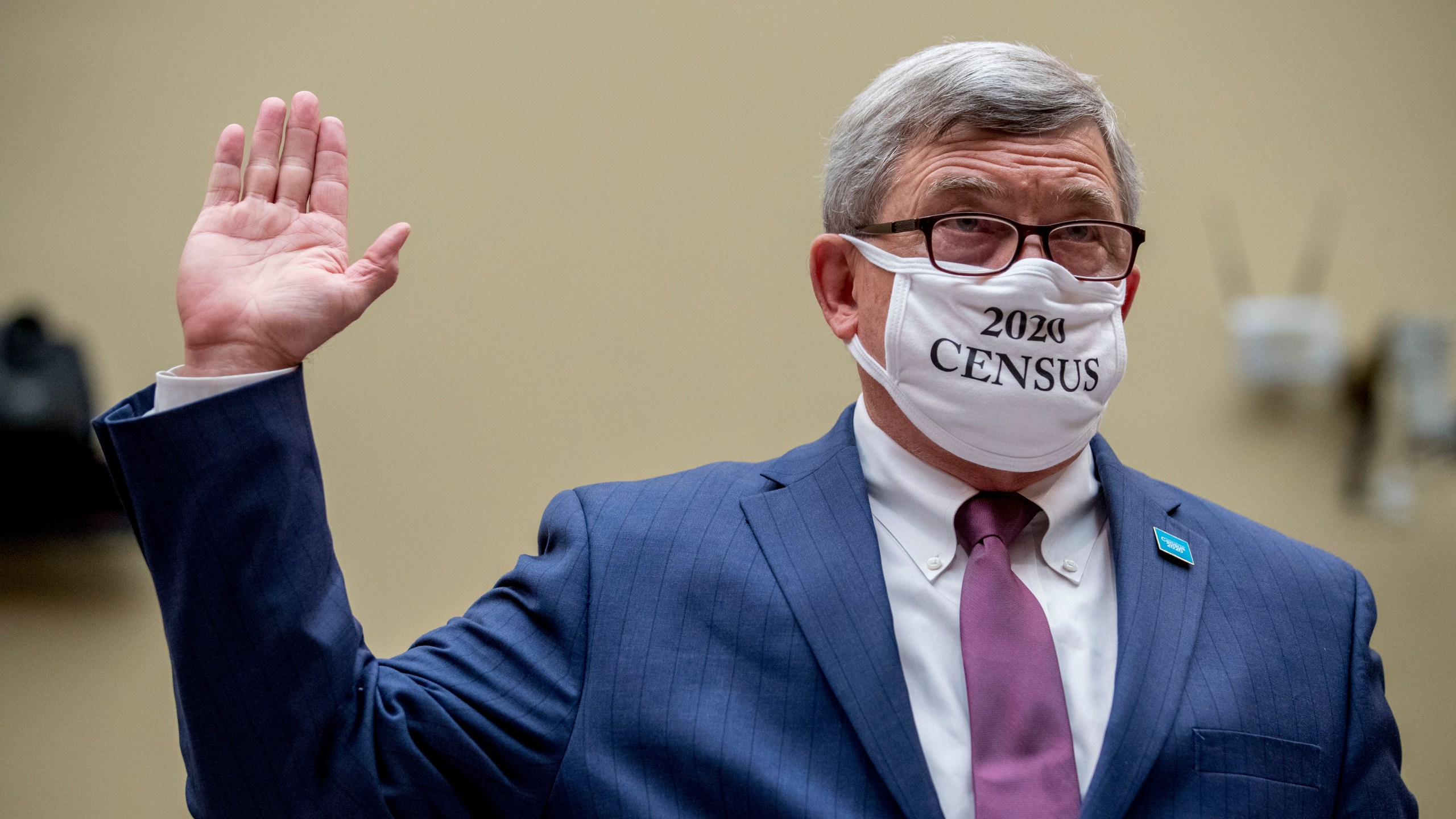 Census Bureau Director Steven Dillingham wears a mask with the words "2020 Census" as he is sworn in to testify before a House Committee on Oversight and Reform hearing on the 2020 Census​ on Capitol Hill on July 29, 2020a. (AP Photo/Andrew Harnik)