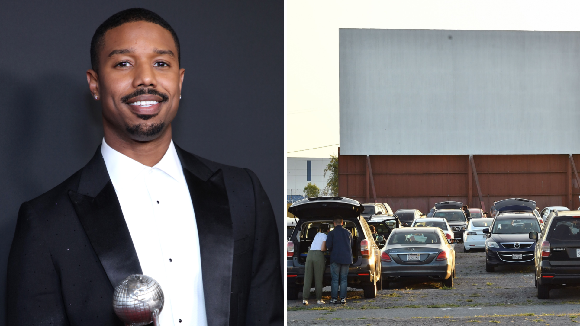 Michael B. Jordan is seen on Feb. 22, 2020. (Robin L Marshall/Getty Images for BET) On the right, the Vineland Drive-In on June 18, 2020, in City of Industry. (Amy Sussman/Getty Images)