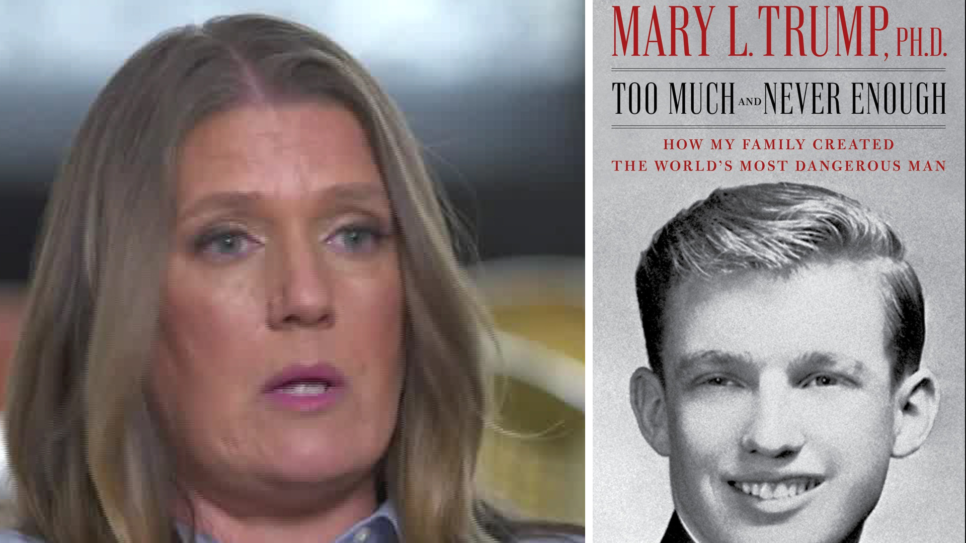 Mary Trump is seen during an interview. (ABC News) On the right, the cover of her book “Too Much and Never Enough: How My Family Created the World's Most Dangerous Man” is seen in an image from Simon & Schuster.