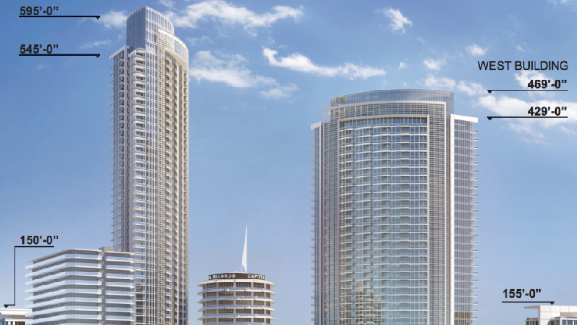 The proposed Hollywood Center project includes 46- and 35-story buildings flanking the Capitol Records tower and two 11-story residential buildings for low-income senior residents.(Hollywood Center Project Environmental Impact Report via Los Angeles Times)