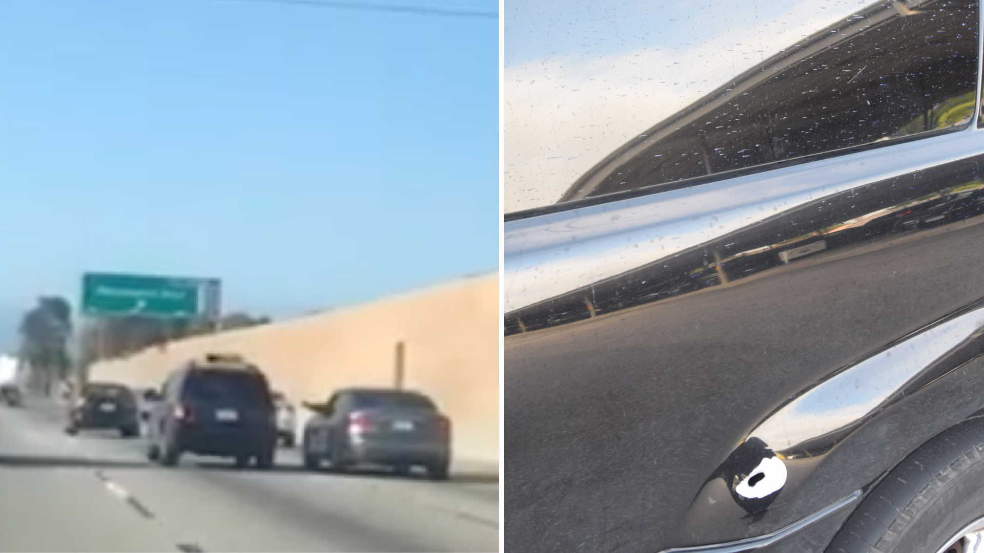 A driver in a silver sedan aims pepper spray at the occupants of a black SUV on in 605 Freeway in Whittier on May 3, 2020. On the right, the bullet hole is seen in the vehicle that was shot at. (CHP)