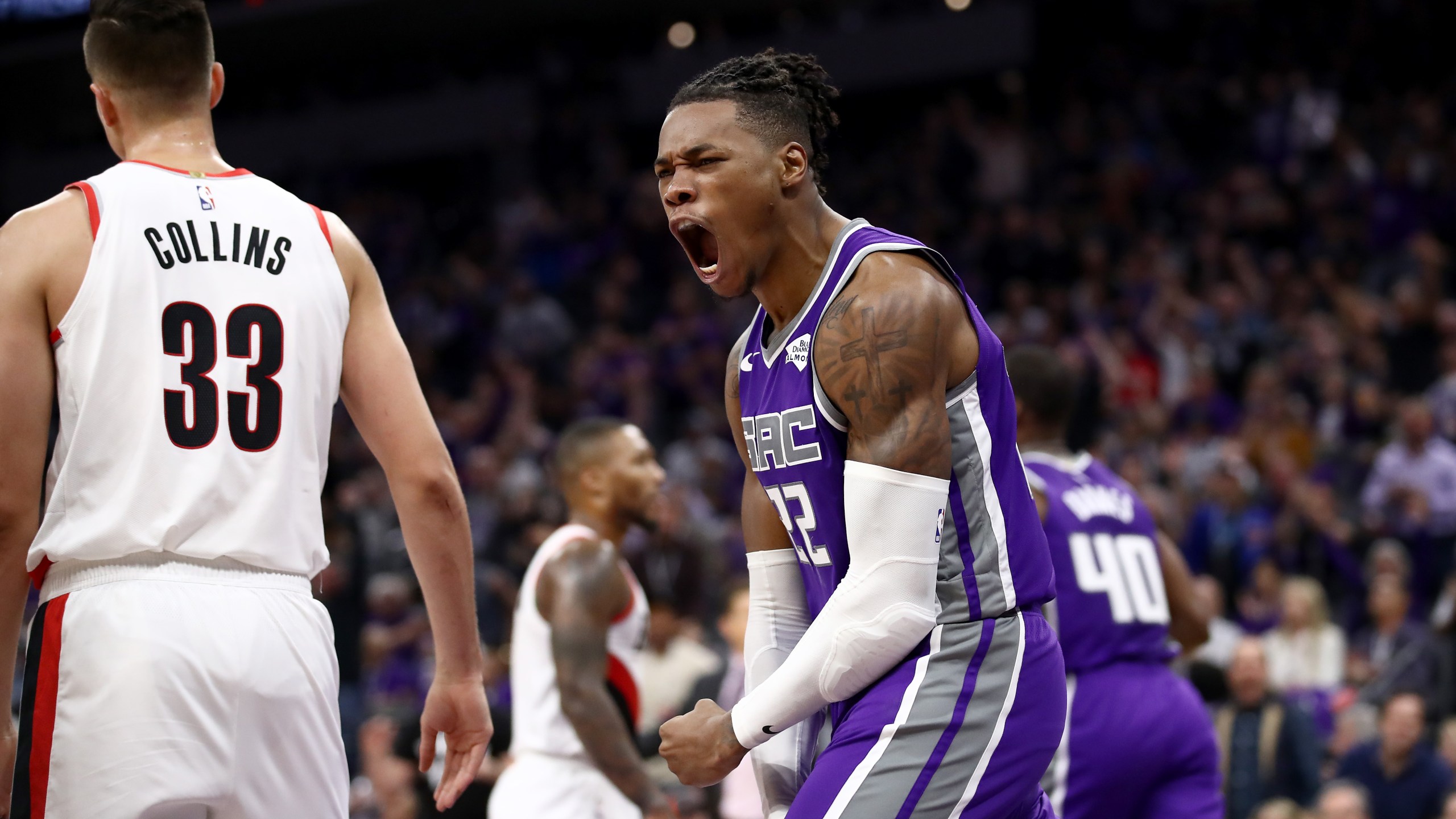 Richaun Holmes #22 of the Sacramento Kings reacts after dunking the ball against the Portland Trail Blazers at Golden 1 Center on Oct. 25, 2019 in Sacramento. (Ezra Shaw/Getty Images)