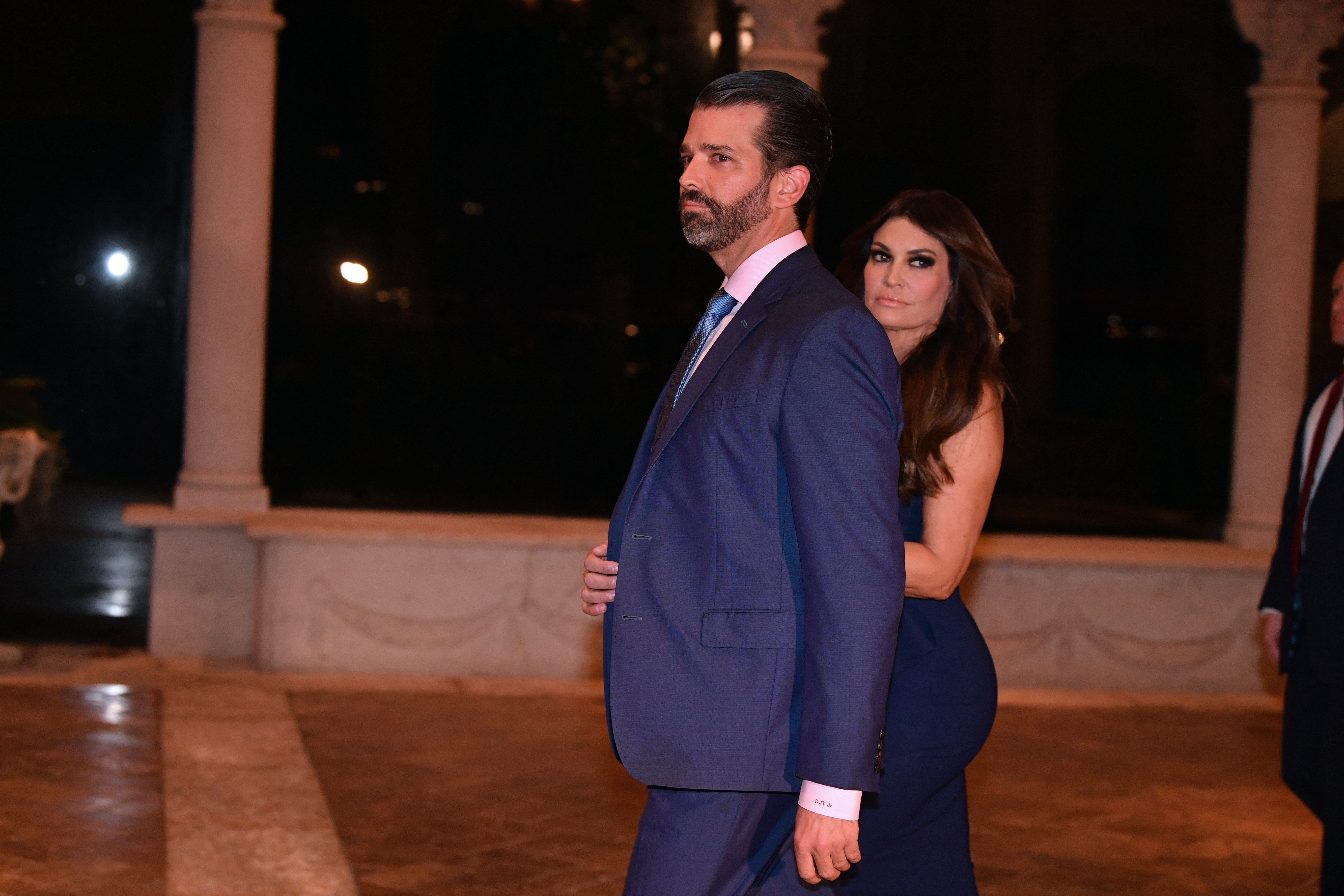 Donald Trump Jr and girlfriend Kimberly Guilfoyle arrive for a Christmas Eve dinner with his family at Mar-A-Lago in Palm Beach, Florida on December 24, 2019. (NICHOLAS KAMM/AFP via Getty Images)