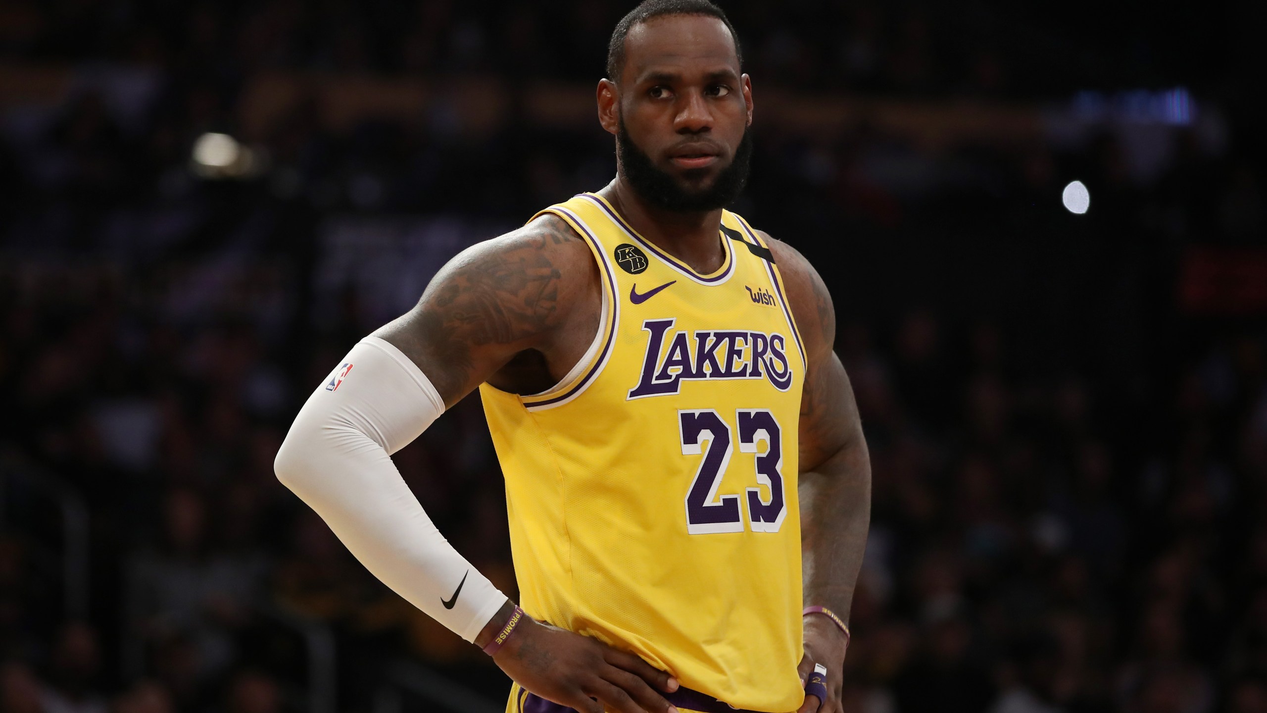 LeBron James of the Los Angeles Lakers stands on the court in a game against the New Orleans Pelicans at Staples Center on Feb. 25, 2020. (Katelyn Mulcahy / Getty Images)