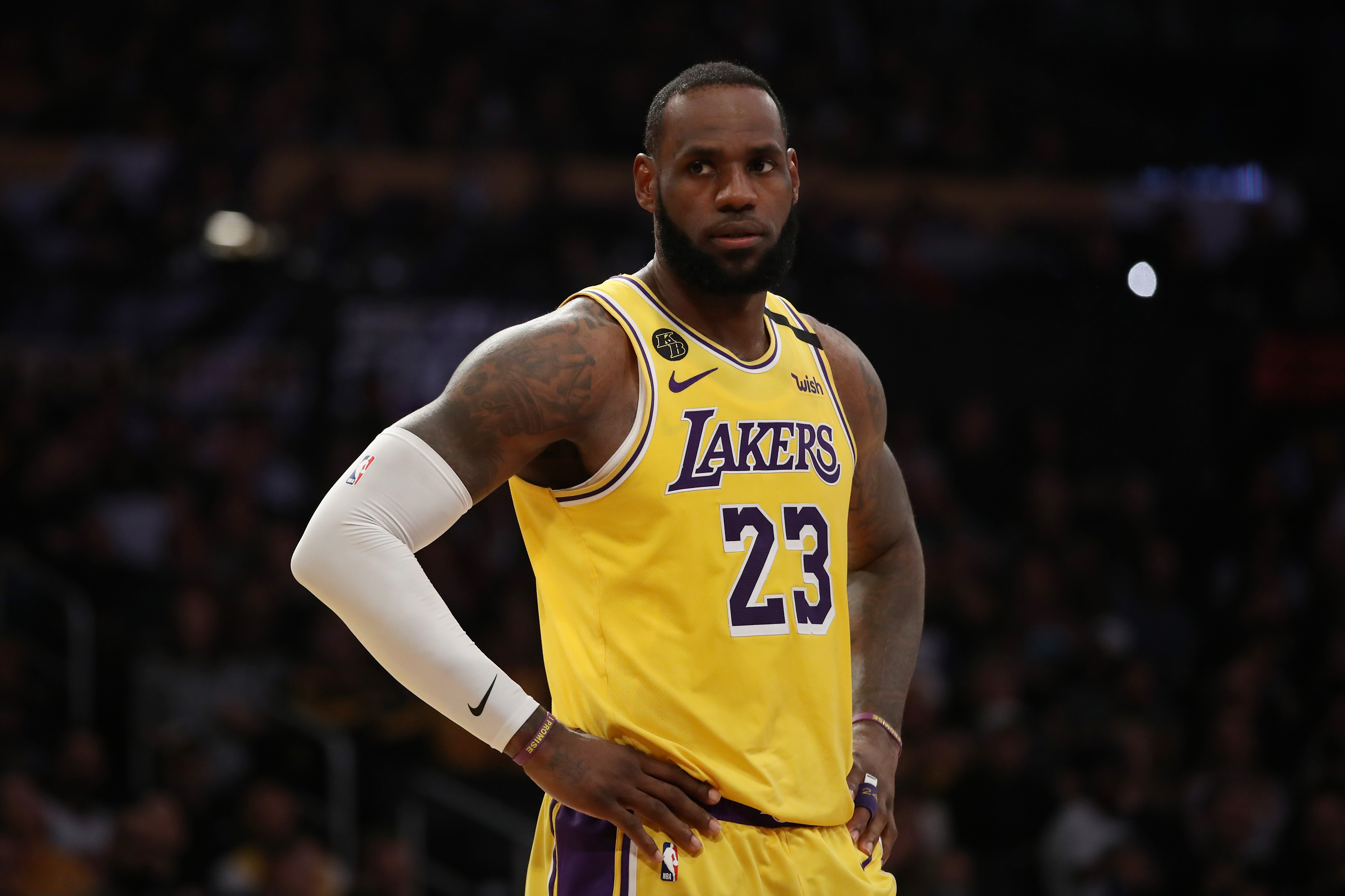 LeBron James of the Los Angeles Lakers stands on the court in a game against the New Orleans Pelicans at Staples Center on Feb. 25, 2020. (Katelyn Mulcahy / Getty Images)