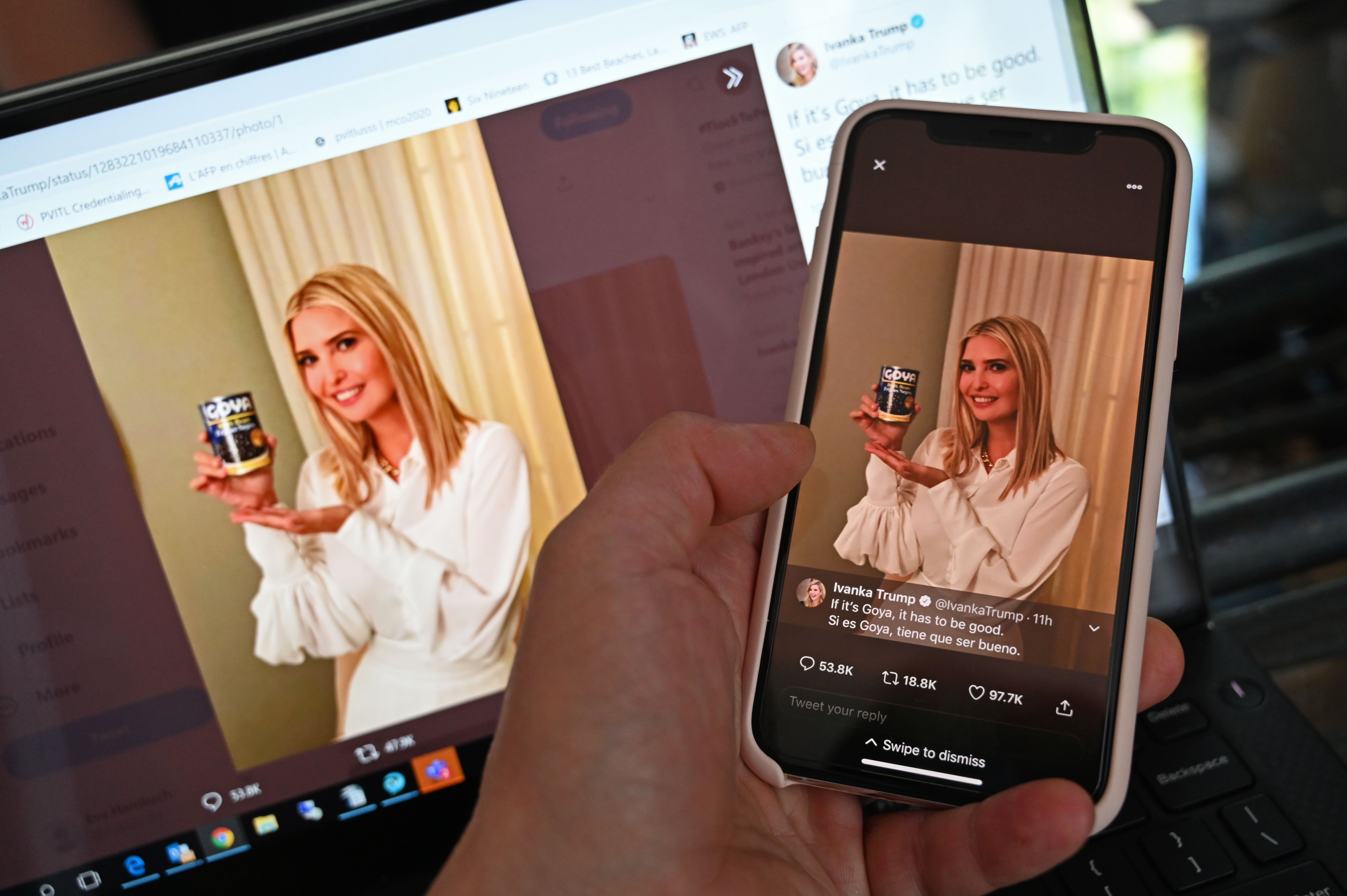 This photo illustration taken on July 15, 2020 shows a post on the Twitter page of Ivanka Trump. (STAFF/AFP via Getty Images)