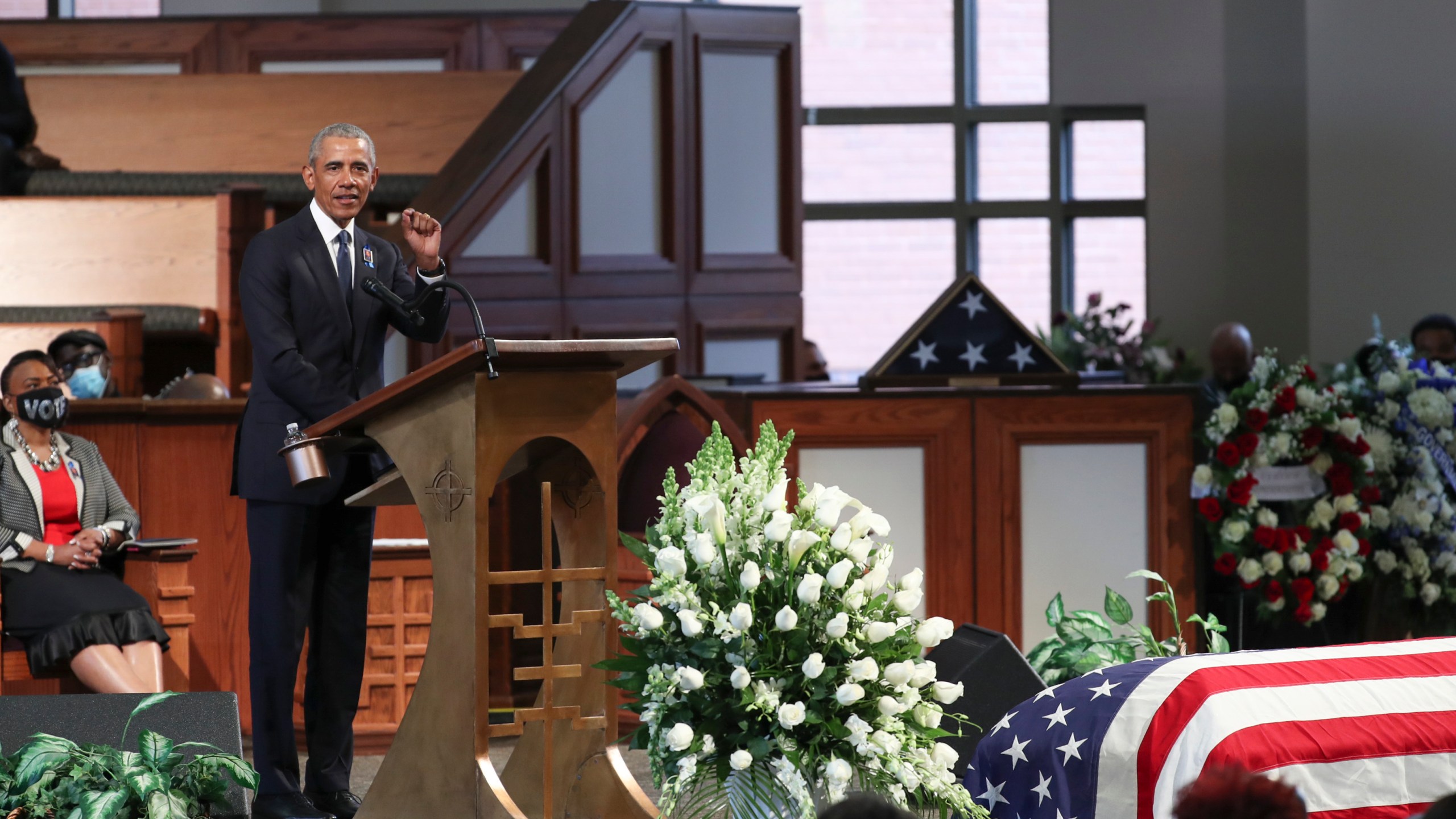 Former US President Barack Obama speaks during the funeral of late Representative and Civil Rights leader John Lewis(D-GA) at the State Capitol in Atlanta, Georgia on July 30, 2020. (ALYSSA POINTER/POOL/AFP via Getty Images)