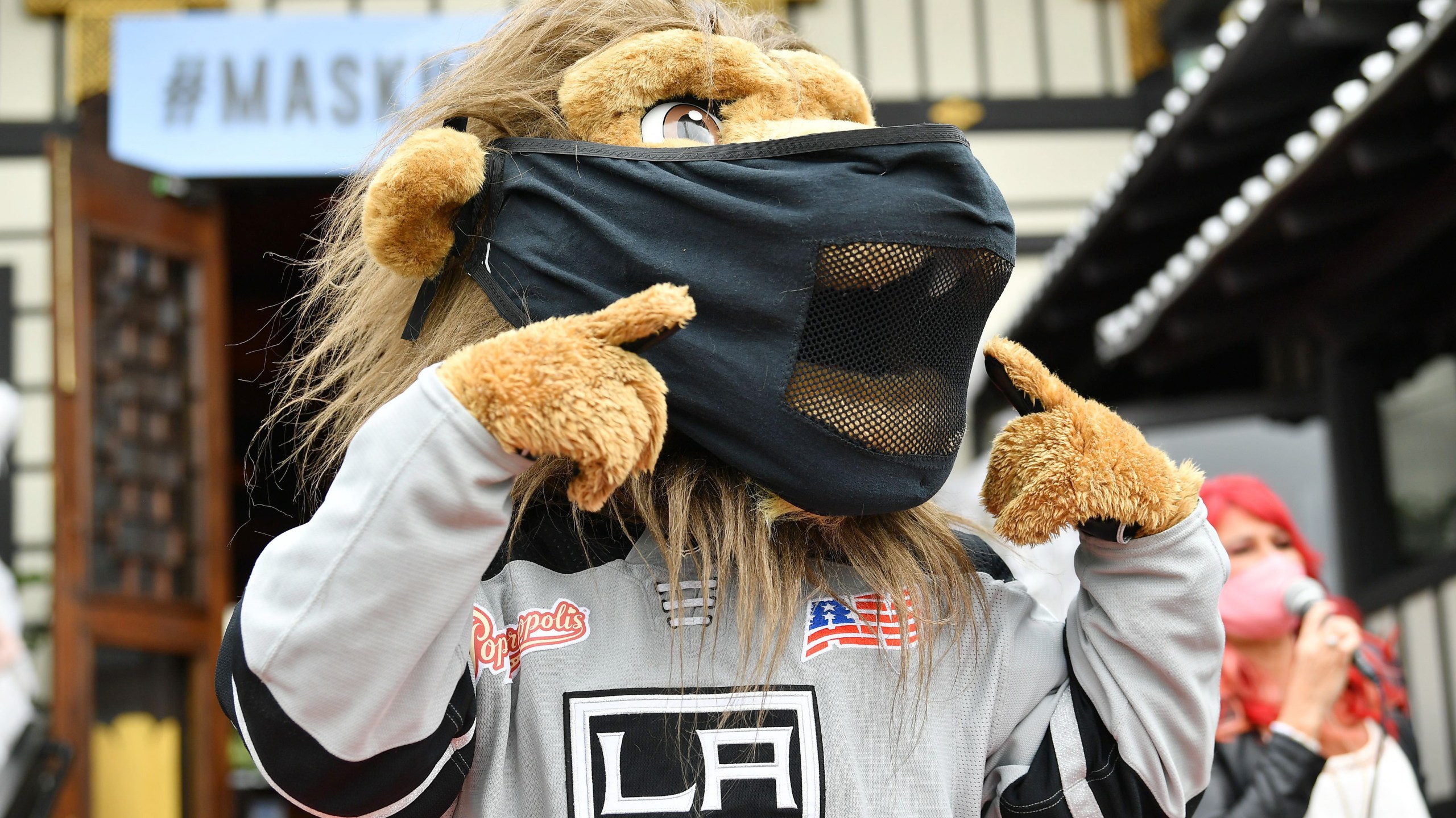 Los Angeles Kings Mascot Bailey participates in a pro-mask wearing pop-up fashion show at Yamashiro Hollywood during the COVID-19 pandemic on July 2, 2020. (Amy Sussman/Getty Images)