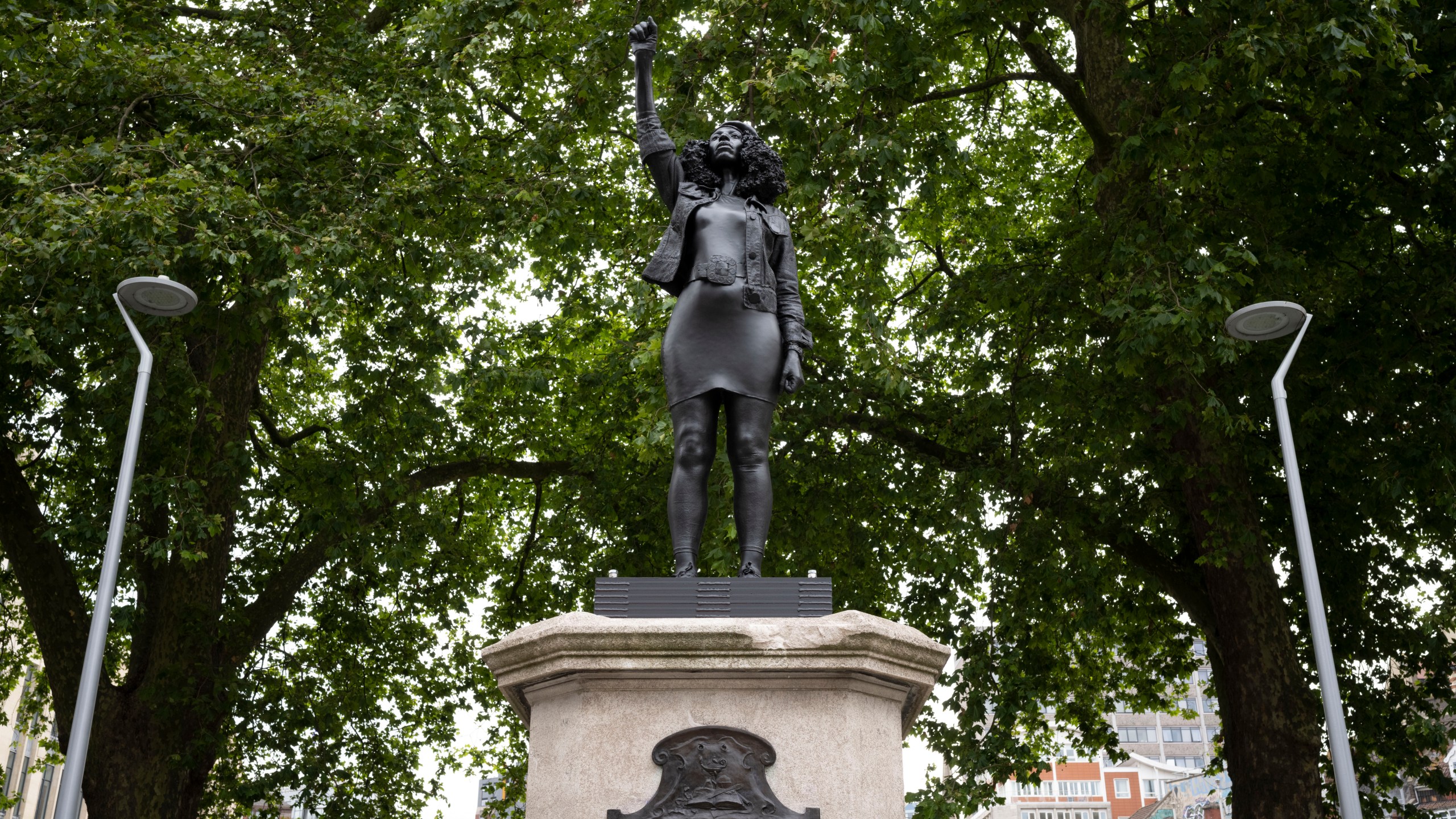 A new sculpture of Black Lives Matter protester Jen Reid stands on the plinth where the Edward Colston statue used to stand on July 15, 2020 in Bristol, England. (Matthew Horwood/Getty Images)