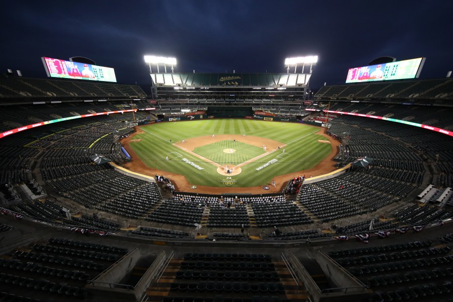 A general view of the empty stadium during the Oakland Athletics game against the Los Angeles Angels during opening day at Oakland-Alameda County Coliseum on July 24, 2020 in Oakland, California. (Ezra Shaw/Getty Images)