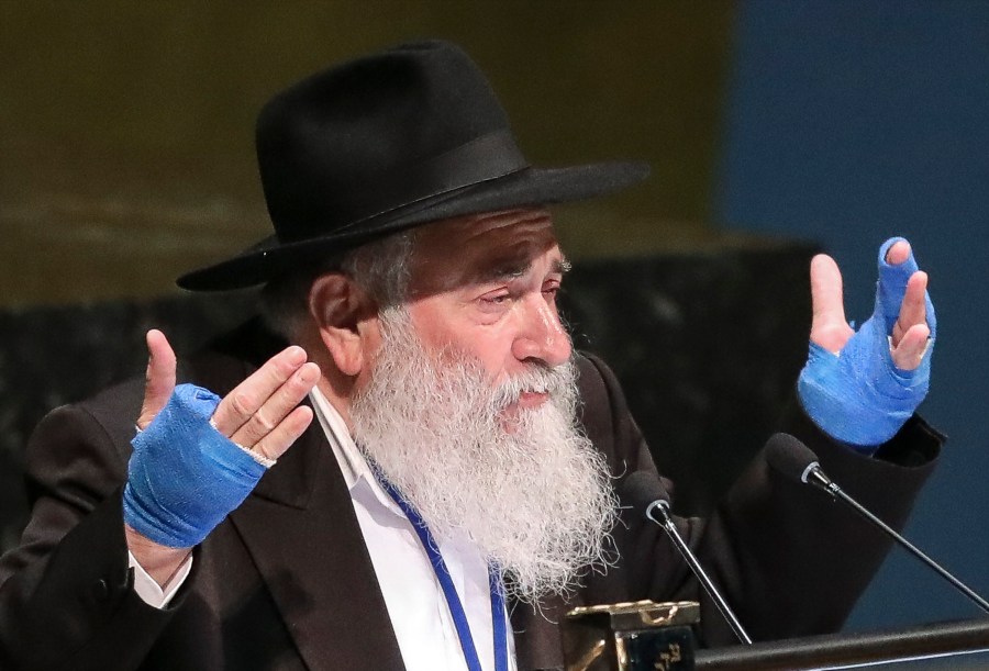 In this June 26, 2019, file photo, Rabbi Yisroel Goldstein, senior rabbi of Chabad of Poway synagogue in San Diego, Calif., addresses the United Nations General Assembly's meeting on combating antisemitism and other forms of racism and hate in the digital age at U.N. headquarters. (AP Photo/Bebeto Matthews, File)