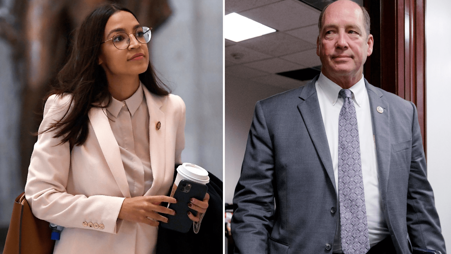 This combo shows Rep. Alexandria Ocasio-Cortez, D-N.Y., walks Capitol Hill in Washington, on March 27, 2020, left, and Rep. Ted Yoho, R-Fla., at the Capitol in Washington on March 28, 2017. (AP Photo, File)