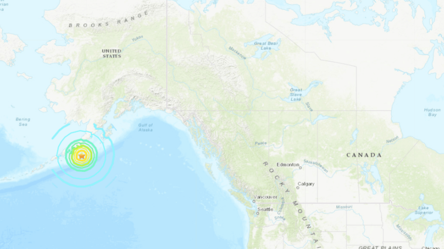 A U.S. Geological Survey map shows where a magnitude 7.8 earthquake hit Alaska at 10:12 p.m. on July 21, 2020.