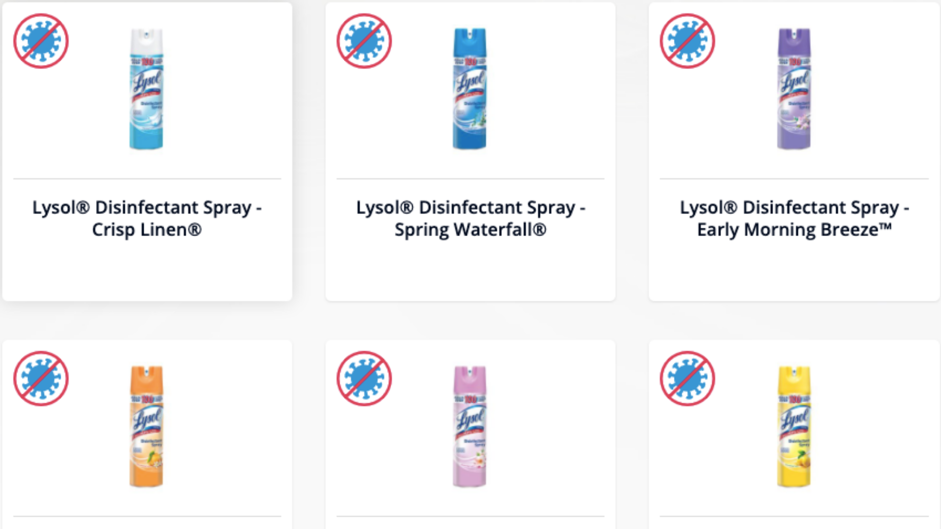 Lysol Disinfectant Spray products are seen on the company's website in July 2020.