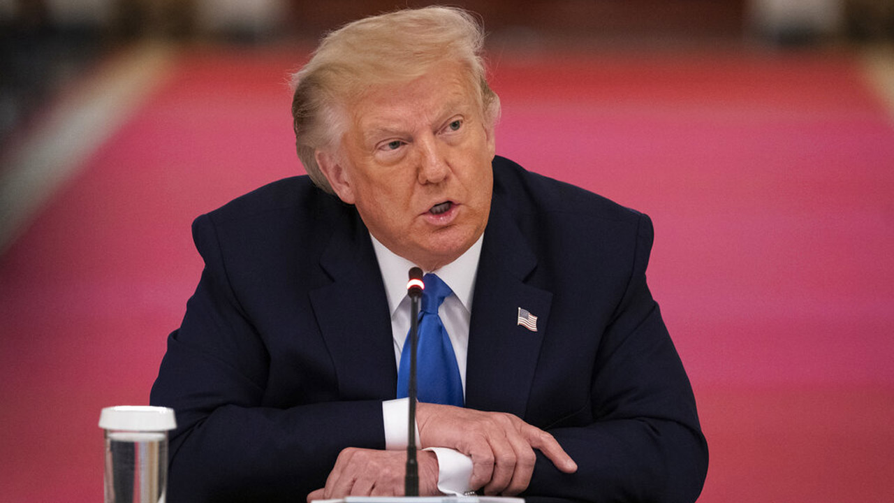 President Donald Trump speaks during roundtable with people positively impacted by law enforcement, Monday, July 13, 2020, in Washington. (AP Photo/Evan Vucci)