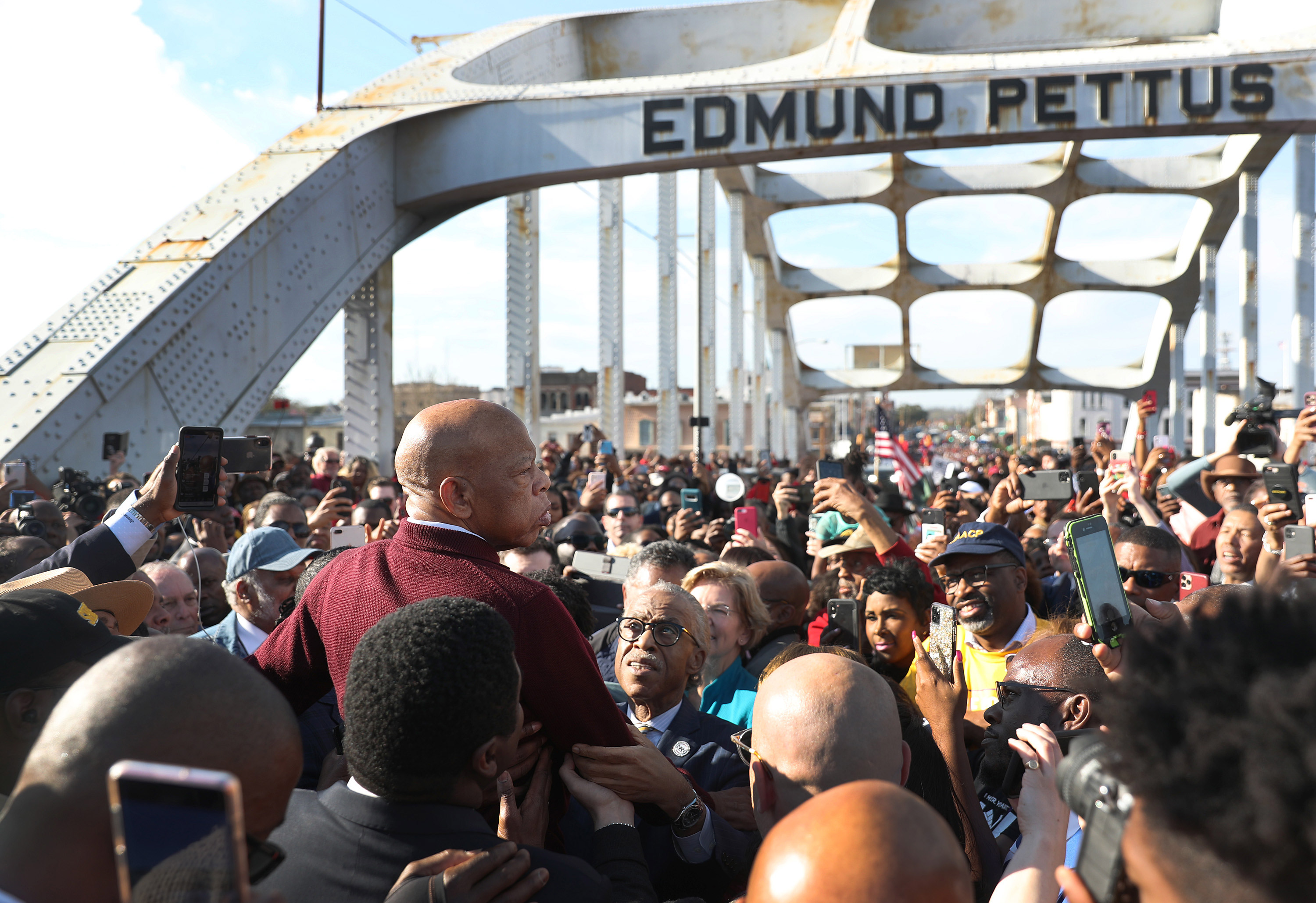 Rep. John Lewis (D-GA) speaks to the crowd at the Edmund Pettus Bridge crossing reenactment marking 55th anniversary of Selma's Bloody on March 1, 2020 in Selma, Alabama. (Joe Raedle/Getty Images)