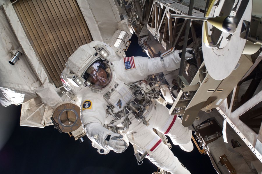 NASA astronauts Chris Cassidy and Robert Behnken began a spacewalk outside of the International Space Station to replace lithium ion batteries for one of the station's power channels On July 1, 2020. (NASA via CNN Wire)