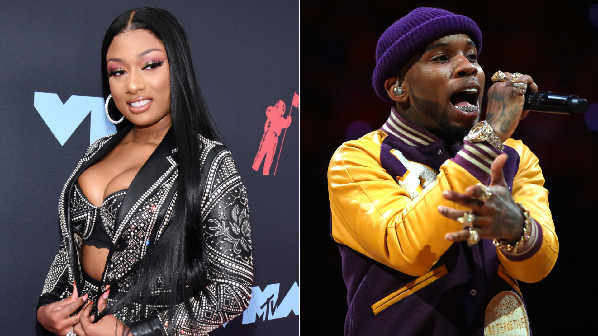 Megan Thee Stallion, left, arrives at the MTV Video Music Awards in Newark, New Jersey, on Aug. 26, 2019. At right, Torey Lanez performs during Game Five of the NBA Finals in Toronto on June 10, 2019. (Charles Sykes/Invision/Associated Press, Gregory Shamus/Getty Images)