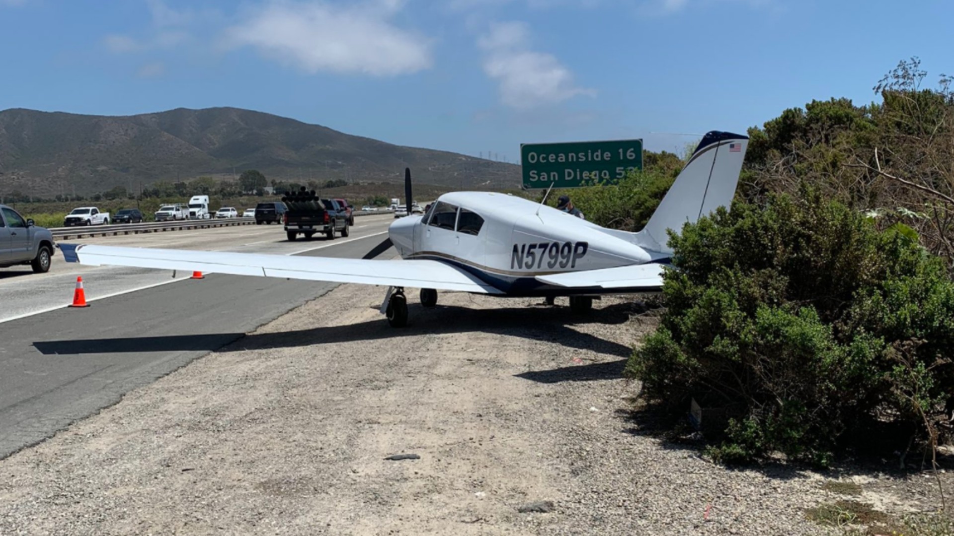 A small plane landed safely on the 5 Freeway in the San Clemente area on July 27, 2020. (CHP)